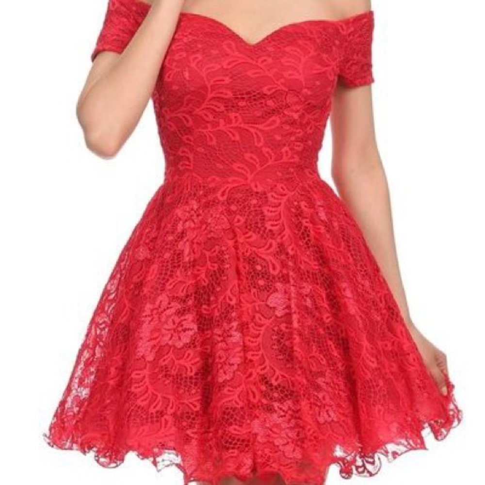 Off-Shoulder Red Lace Party Dress - Picture 2 of 16